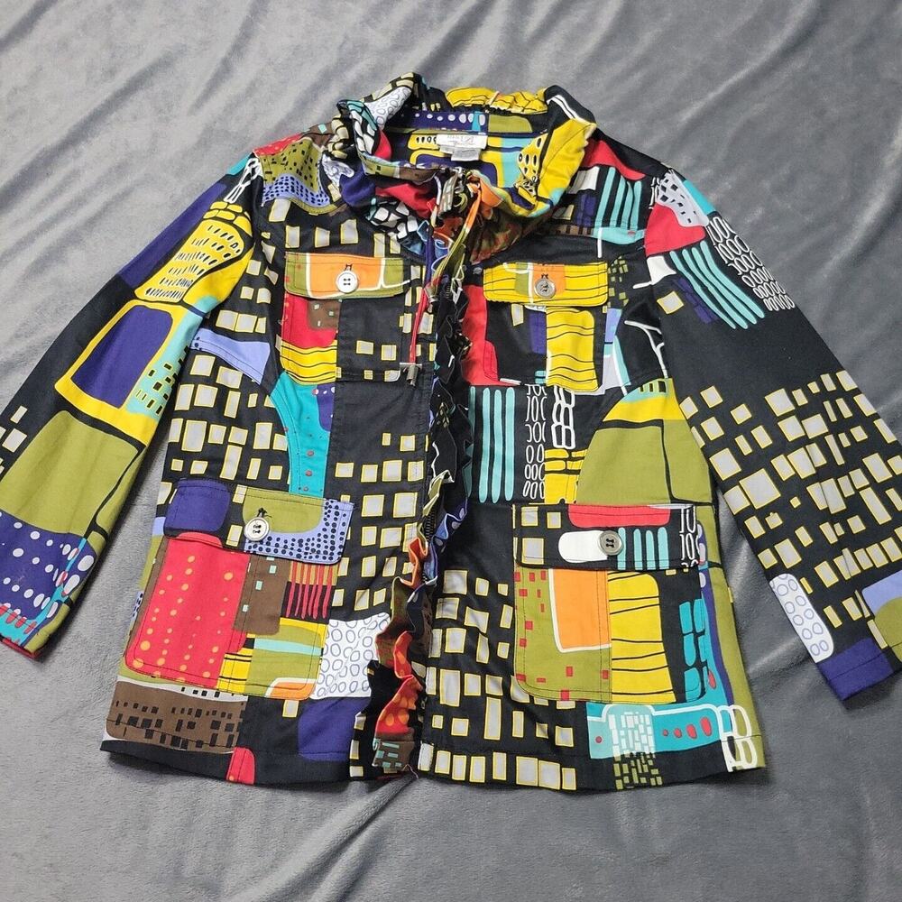 Just B Jacket Womens Small Black Collared Button Colorful Artsy Comfort Stretch